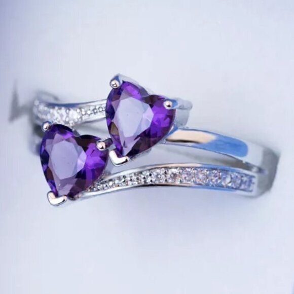💞925 Silver Plated Purple Double Heart-Shaped CZ Ring, MLNN1215 - Picture 1 of 3